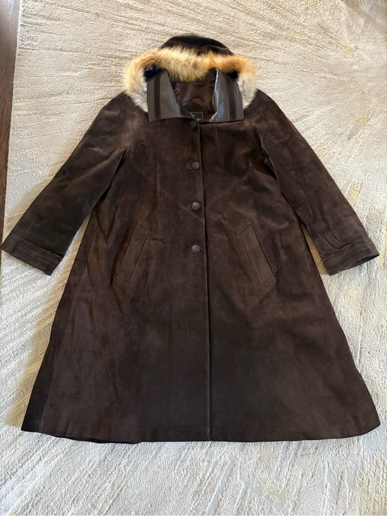 Vintage Jackets & Blazers - Vintage brown suede leather long line coat jacket with hood fur trim 40 / medium